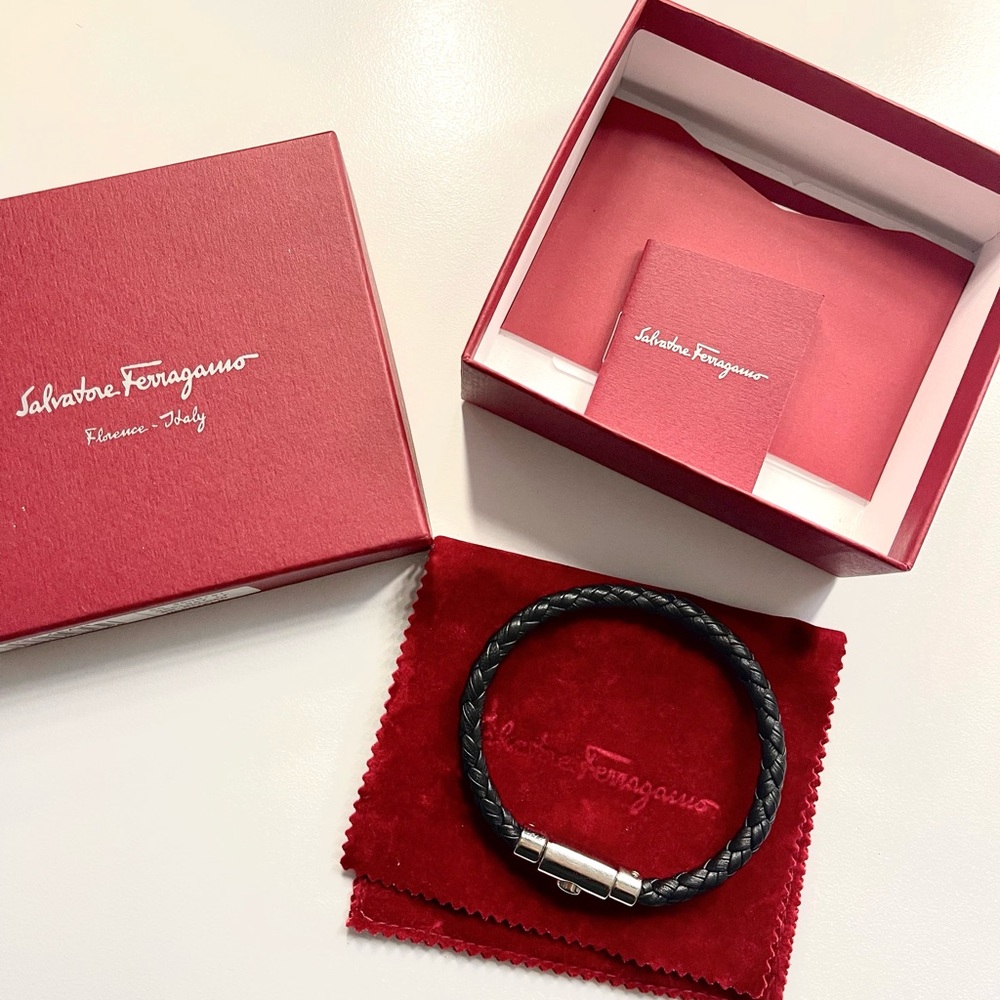 Salvatore Ferragamo Mens Leather Braided Bracelet